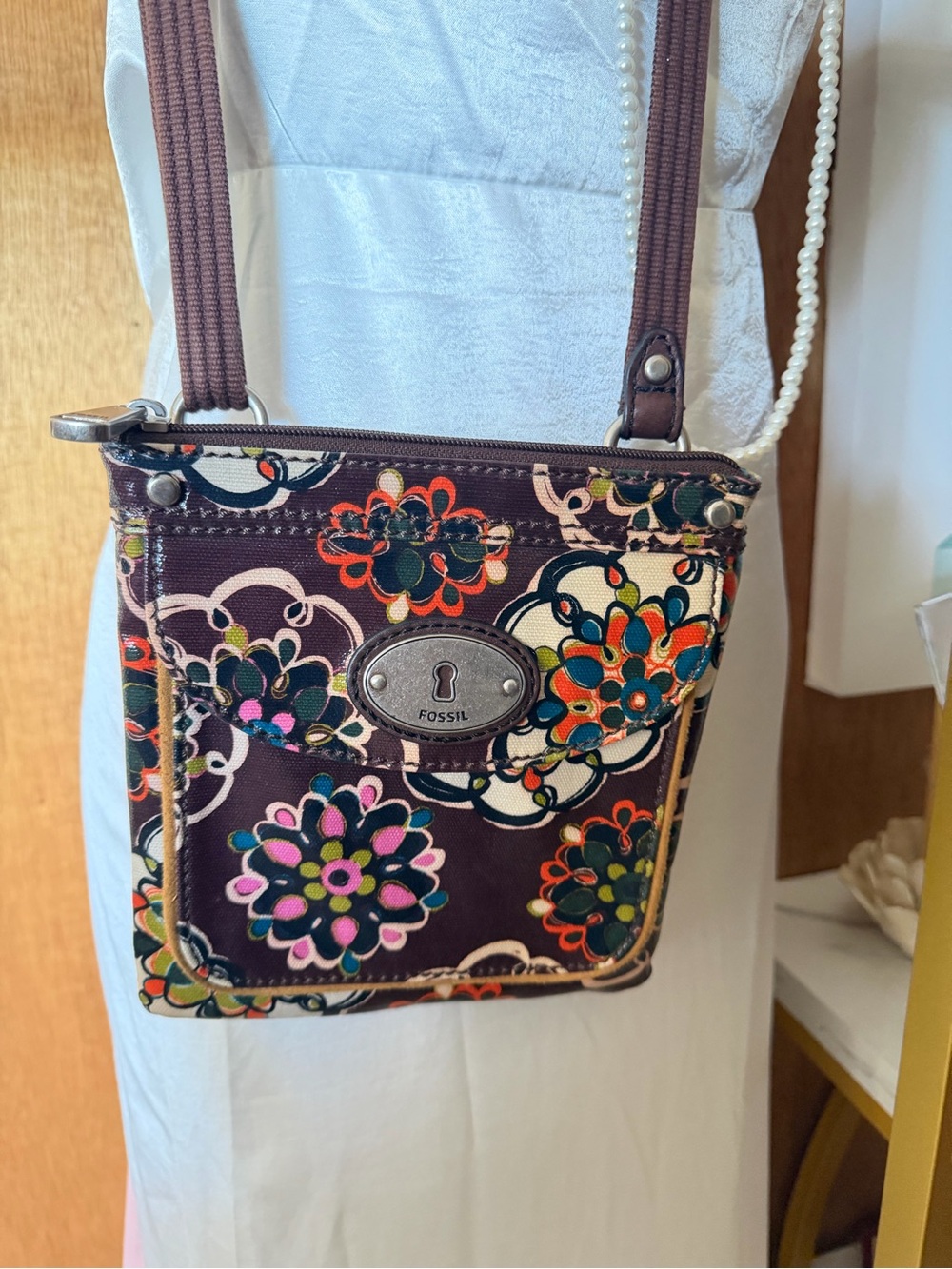 Fossil Brown Floral Print Crossbody Bag
